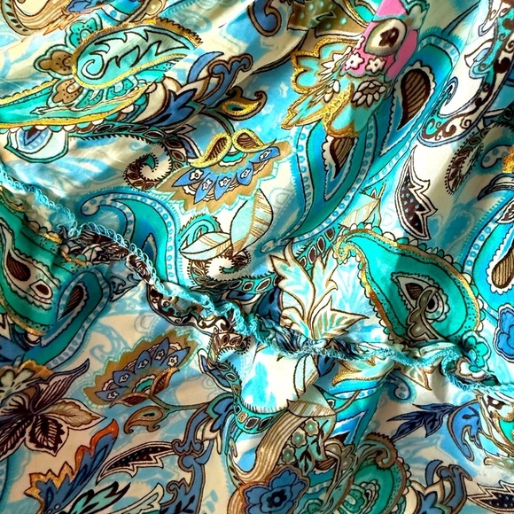 High Low Ruffled Art Silk Skirt One Size Elasticized Waistband W/ Gold Accents - Picture 3 of 7